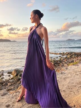 L’IDEE Deesse Pleated Maxi Dress Viola Purple Sz 2 US
